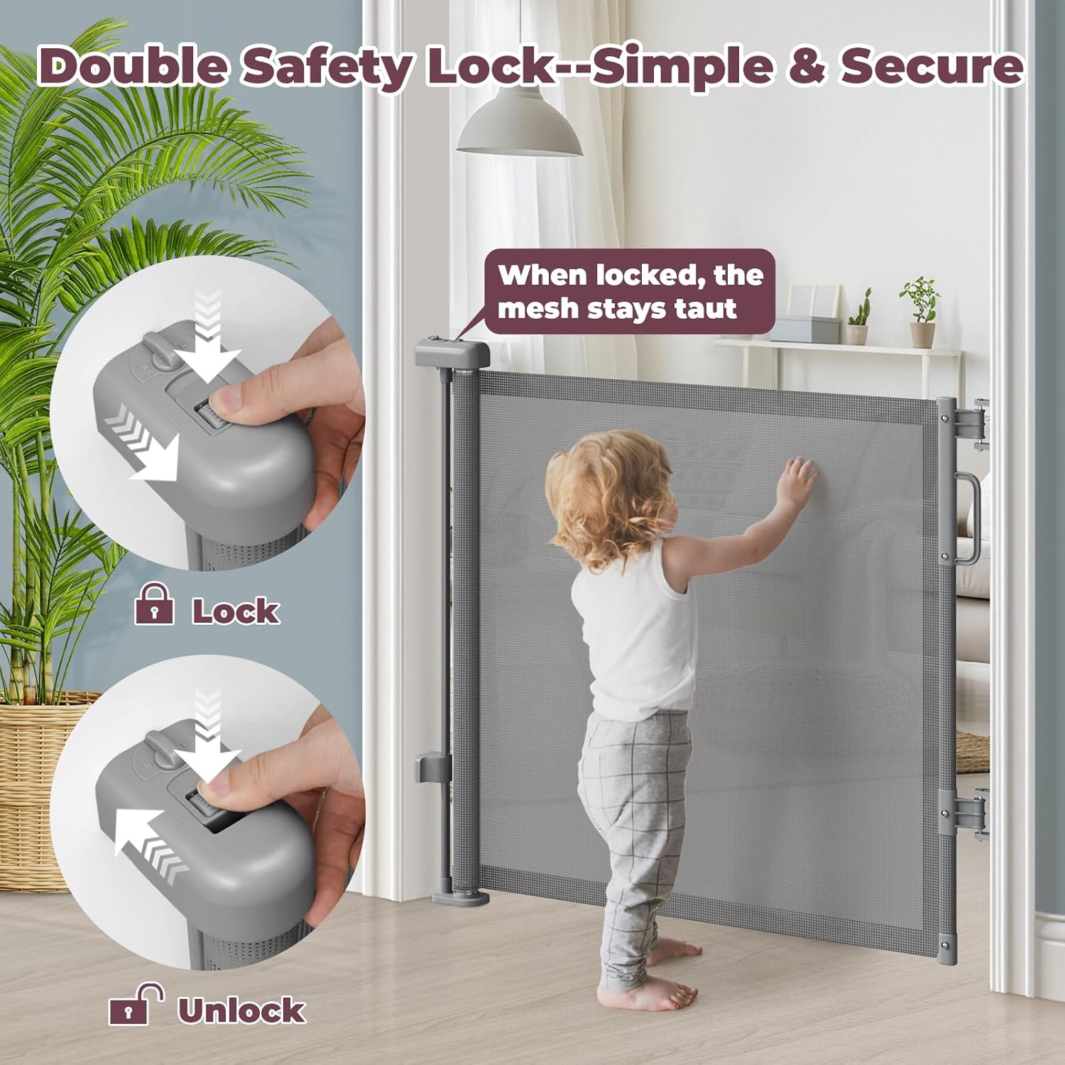 Retractable Baby Gate for Stairs, 55 Wide Mesh Dog Gate Indoor, 34'' Tall Child Gate for Doorways, Hallways, Deck, Indoor Outdoor Pet Baby Safety Essentials for Home, Grey